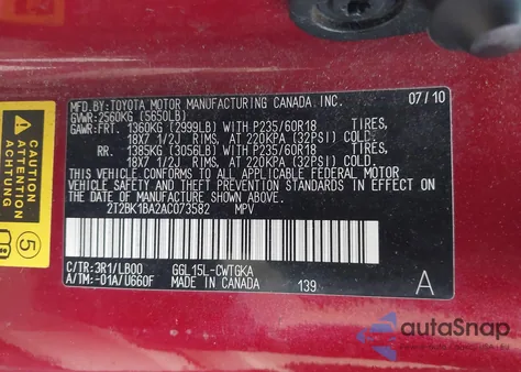 2010 Lexus Rx 350 from USA, damaged, VIN 2T2BK1BA2AC073582